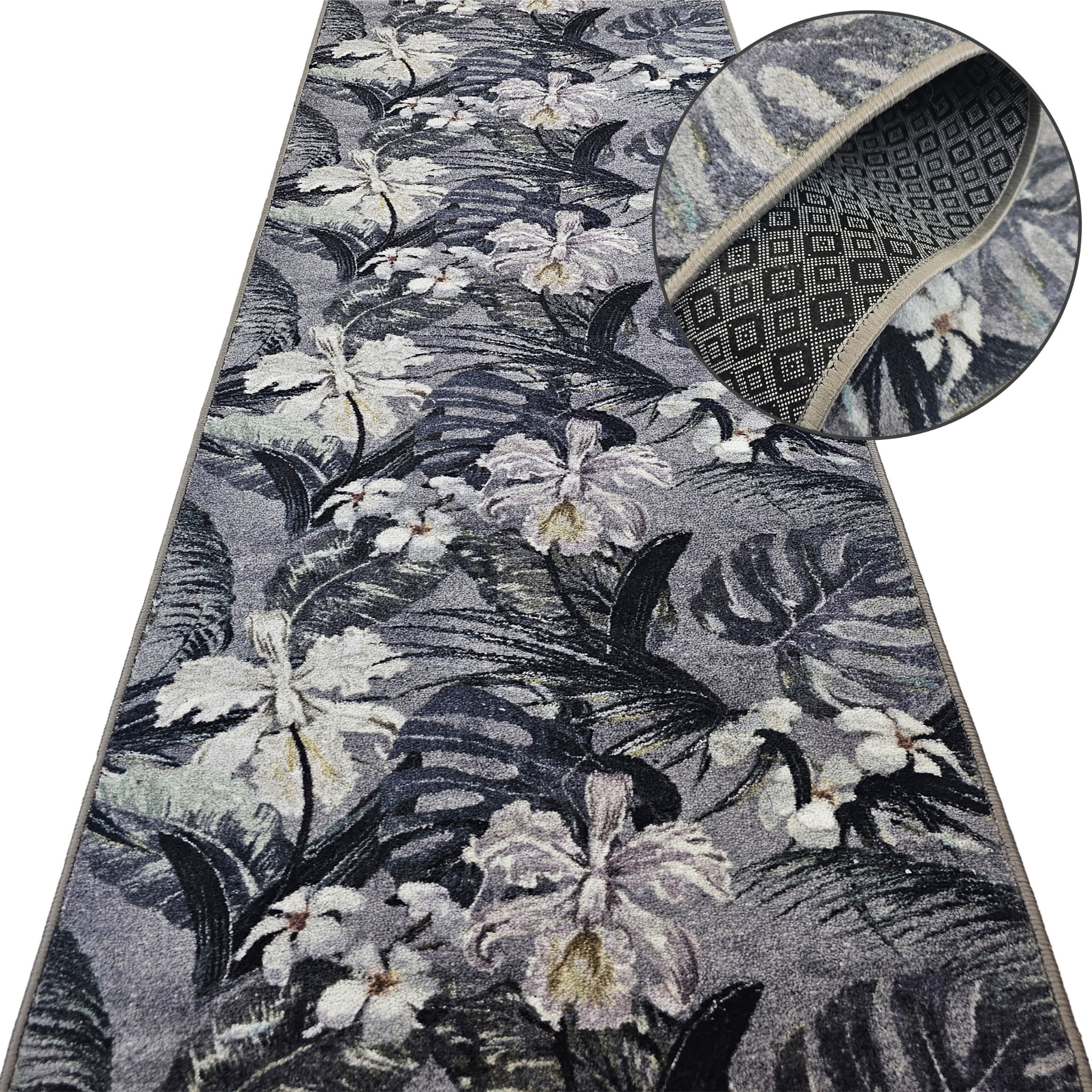 Teppichläufer GREY MONSTERA – rutschfest, pflegeleicht & Meterware mit grauem Blattmuster für Flur, Küche & Korridor